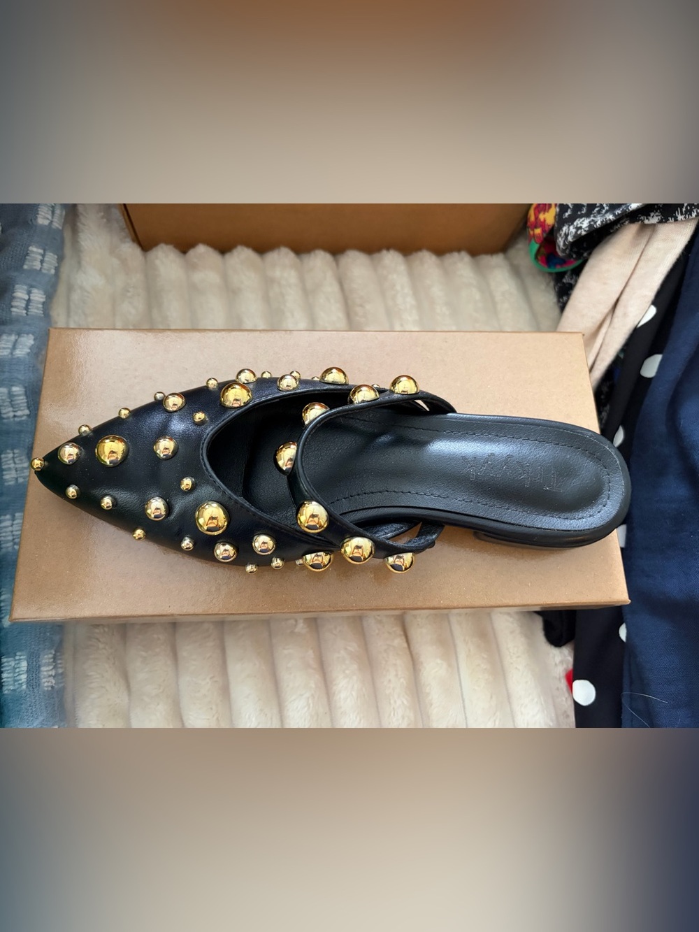 Black Leather Slide Mules with Gold Stud Accents